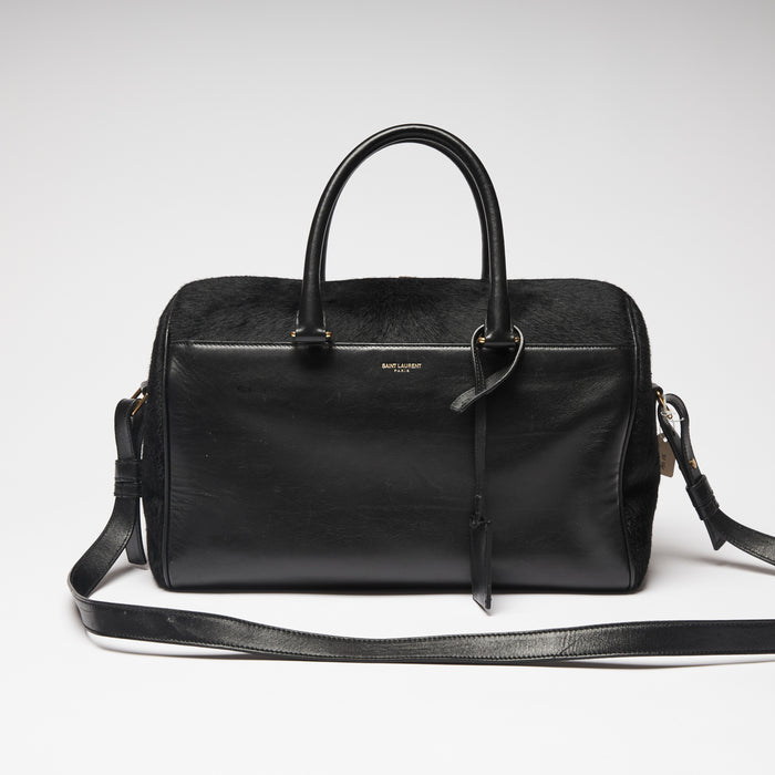Pre-Loved Black Leather and Pony Hair Duffle Bag with Removable Shoulder Strap.  (front)