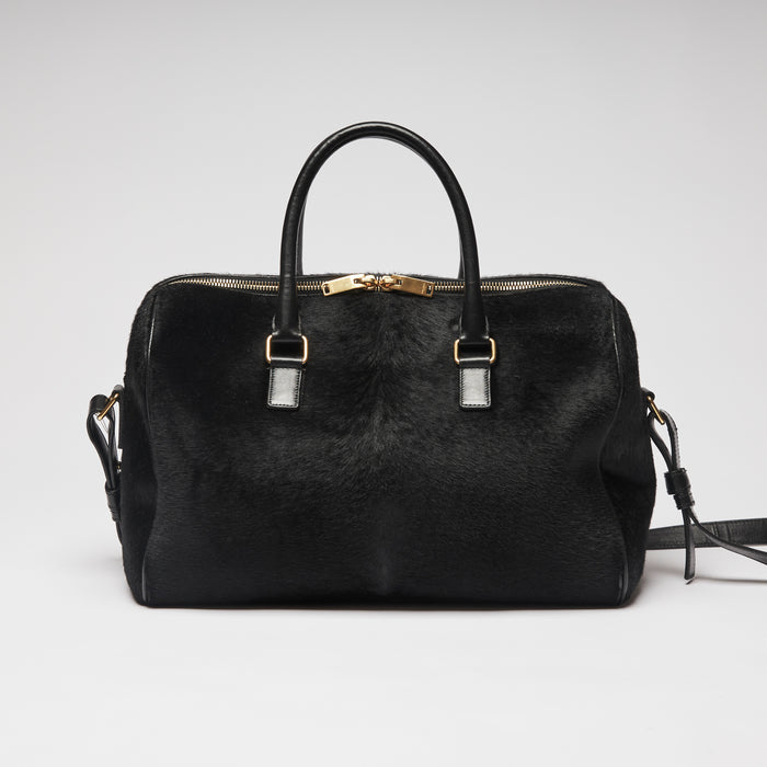Pre-Loved Black Leather and Pony Hair Duffle Bag with Removable Shoulder Strap.  (back)