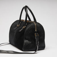Pre-Loved Black Leather and Pony Hair Duffle Bag with Removable Shoulder Strap.  (side)