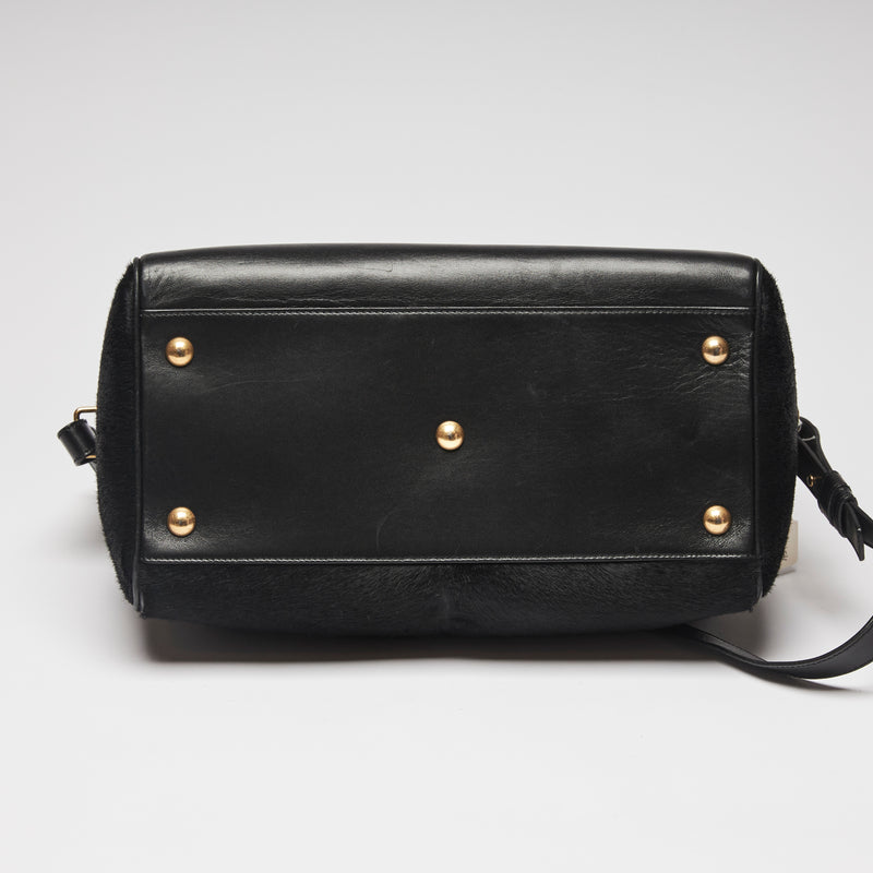 Pre-Loved Black Leather and Pony Hair Duffle Bag with Removable Shoulder Strap.  (bottom)