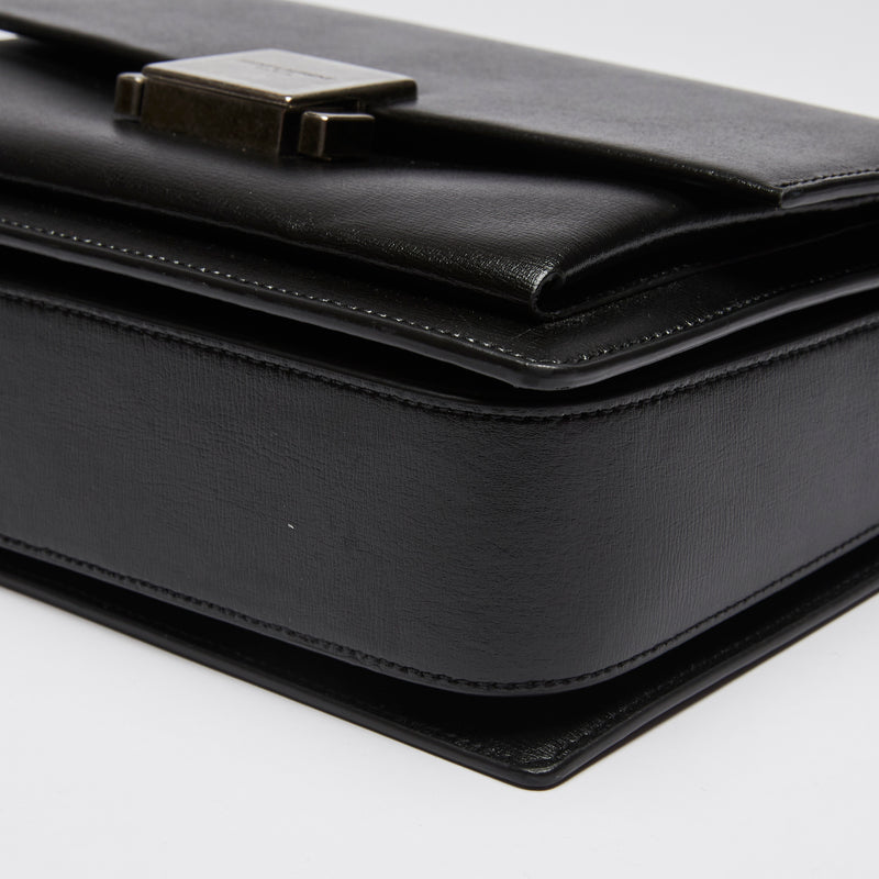 Excellent Pre-Loved Black Smooth Leather Top Handle Flap Over Shoulder Bag with Aged Silver Tone Hardware. (corner)