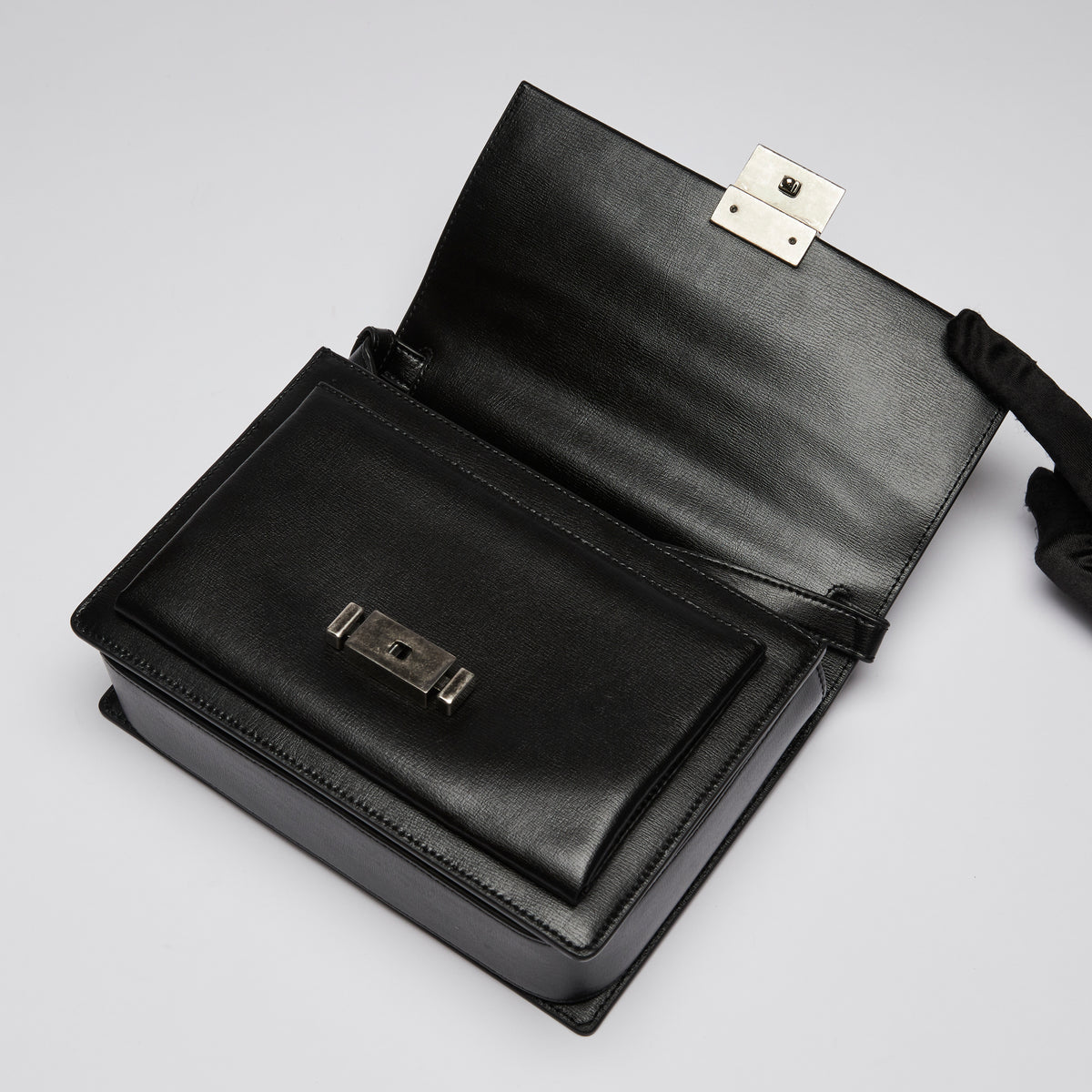 Excellent Pre-Loved Black Smooth Leather Top Handle Flap Over Shoulder Bag with Aged Silver Tone Hardware.(flap)