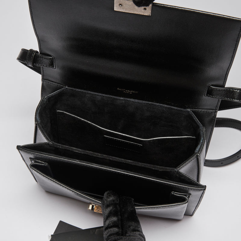 Excellent Pre-Loved Black Smooth Leather Top Handle Flap Over Shoulder Bag with Aged Silver Tone Hardware. (interior)