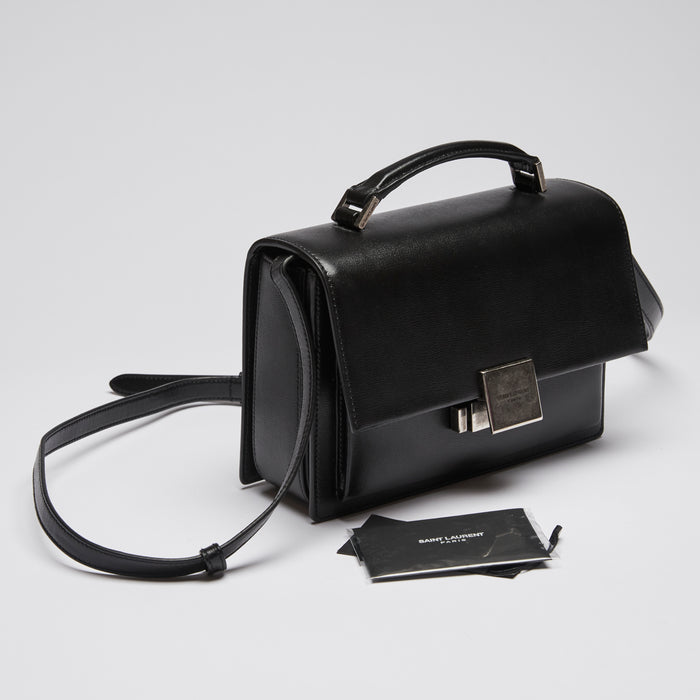 Excellent Pre-Loved Black Smooth Leather Top Handle Flap Over Shoulder Bag with Aged Silver Tone Hardware.(strap)