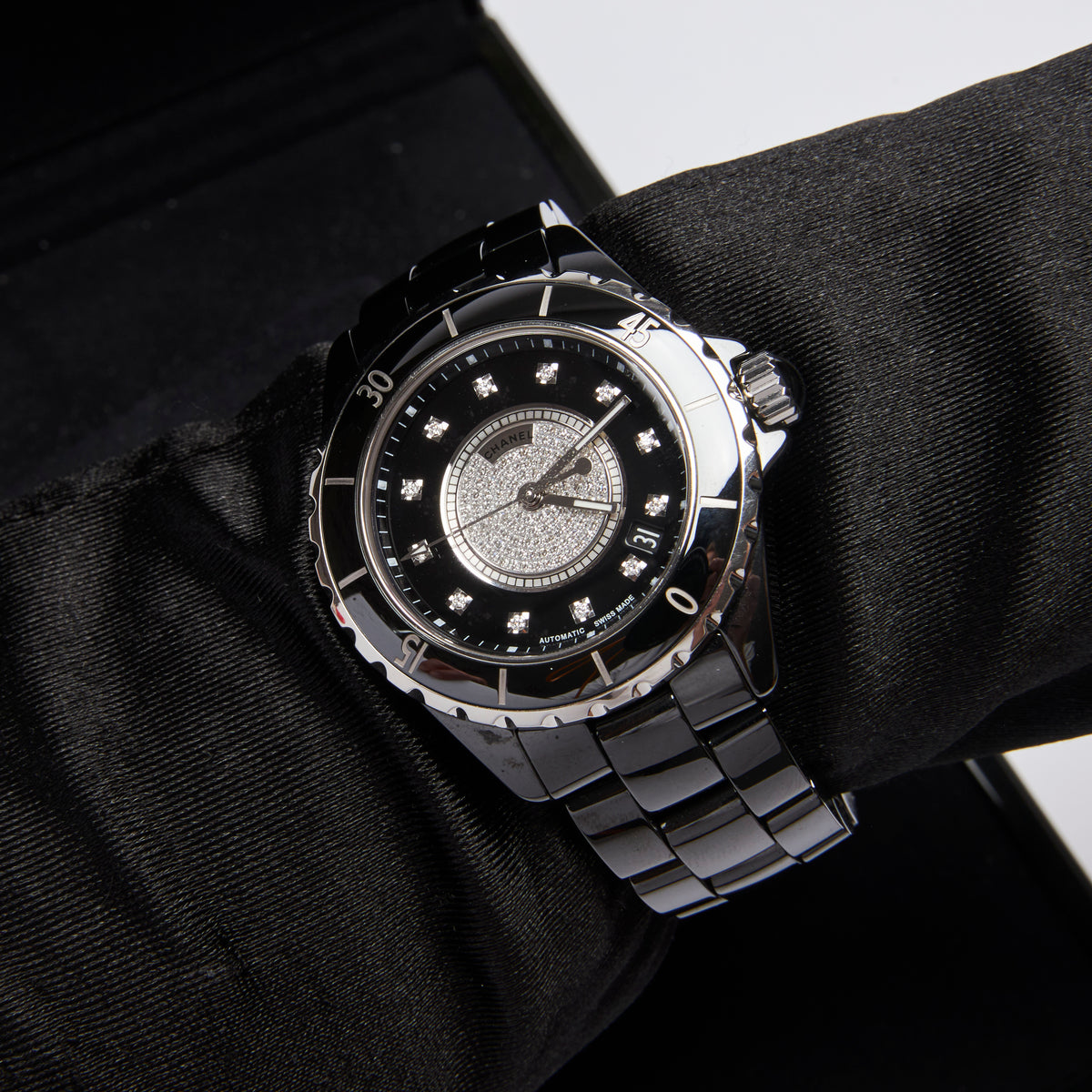 Excellent Pre-Loved Black Ceramic Automatic 38mm Watch with Diamond Pave Dial(on wrist)