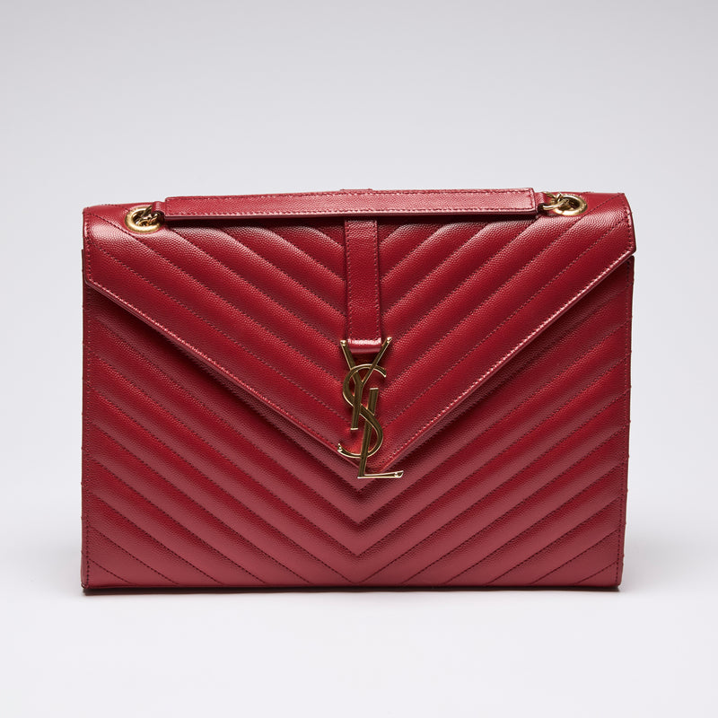 YSL Red Grained Leather Chevron Large Envelope Bag(Front)