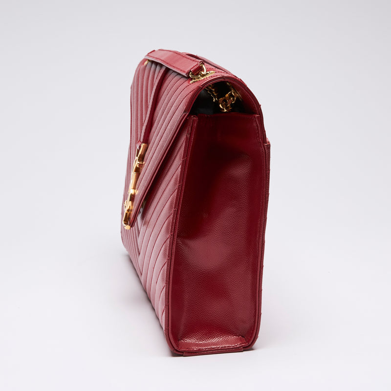 YSL Red Grained Leather Chevron Large Envelope Bag (side)