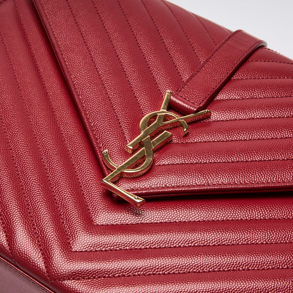 YSL Red Grained Leather Chevron Large Envelope Bag(logo close up)