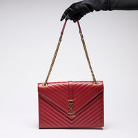 YSL Red Grained Leather Chevron Large Envelope Bag (upright)