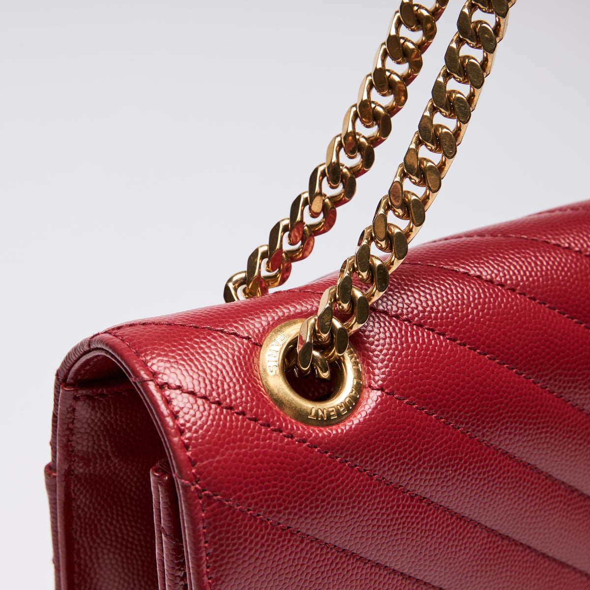 YSL Red Grained Leather Chevron Large Envelope Bag (close up on chain)