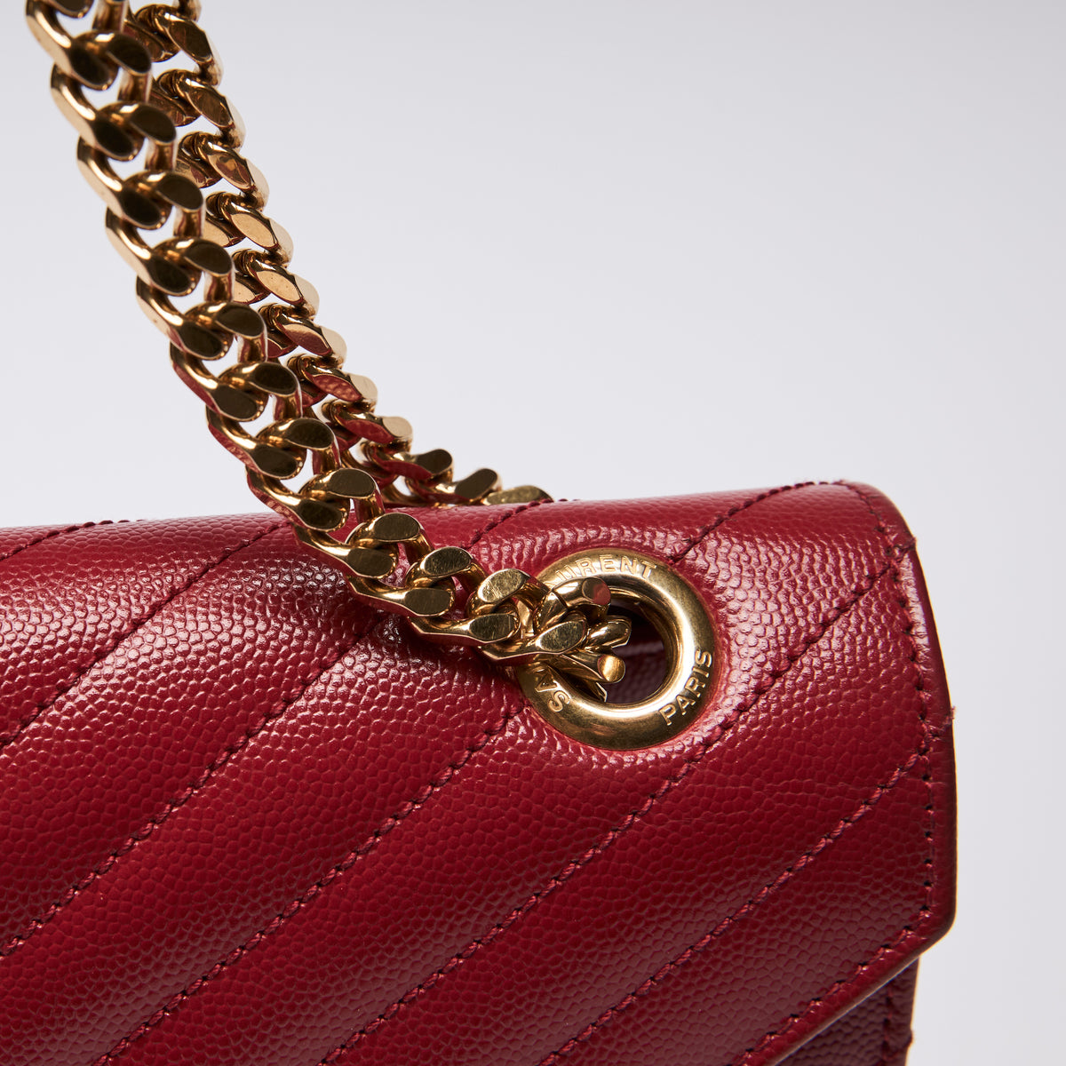 YSL Red Grained Leather Chevron Large Envelope Bag (close up)