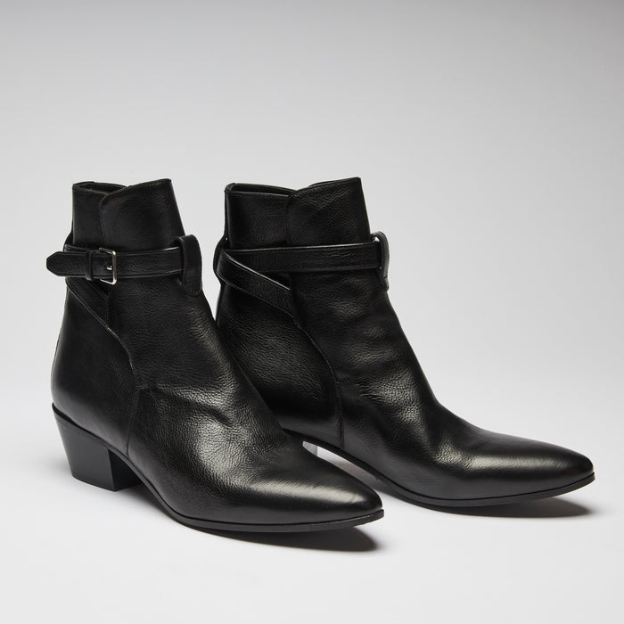 Excellent Pre-Loved Black Leather Ankle Boots with Ankle Strap Details. (side)