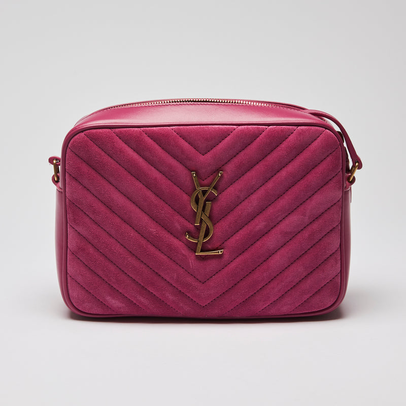 Excellent Pre-Loved Magenta Pink Suede and Leather Top Zip Crossbody Bag. (front)