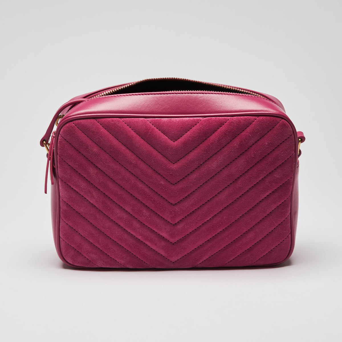 Excellent Pre-Loved Magenta Pink Suede and Leather Top Zip Crossbody Bag. (back)