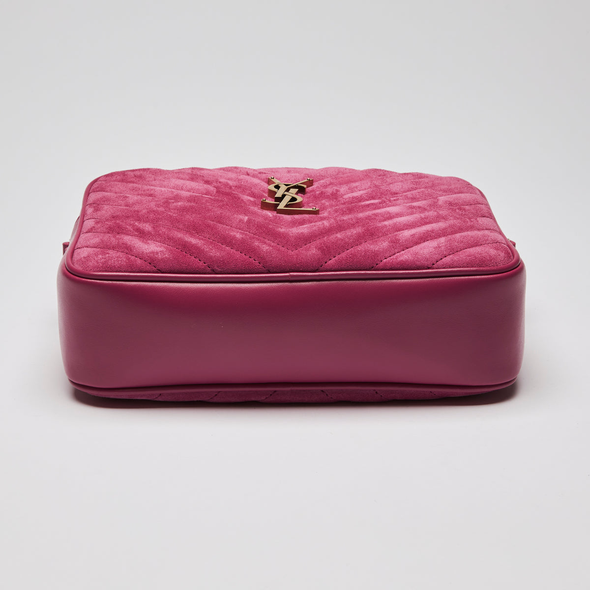 Excellent Pre-Loved Magenta Pink Suede and Leather Top Zip Crossbody Bag.(bottom)