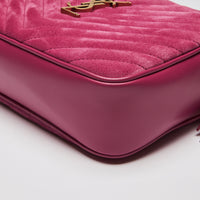 Excellent Pre-Loved Magenta Pink Suede and Leather Top Zip Crossbody Bag. (corner)