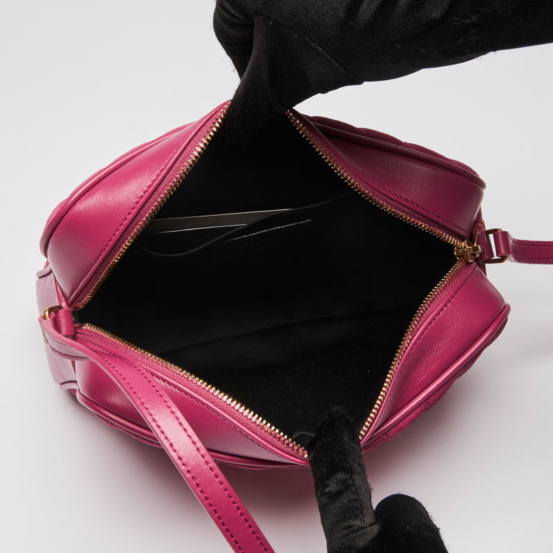 Excellent Pre-Loved Magenta Pink Suede and Leather Top Zip Crossbody Bag. (interior)