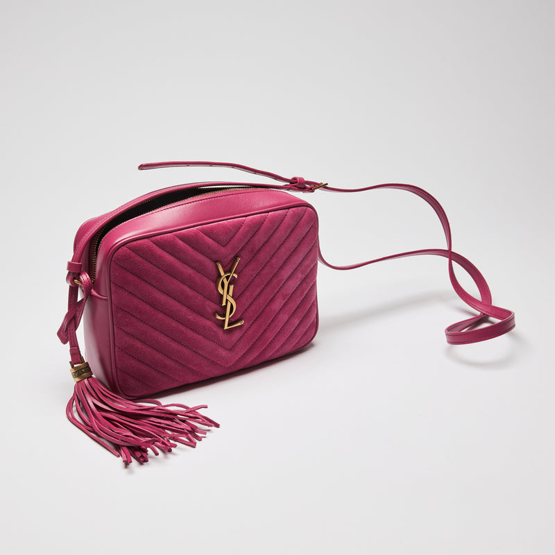 Excellent Pre-Loved Magenta Pink Suede and Leather Top Zip Crossbody Bag. (front)