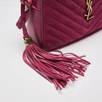 Excellent Pre-Loved Magenta Pink Suede and Leather Top Zip Crossbody Bag. (tassel)