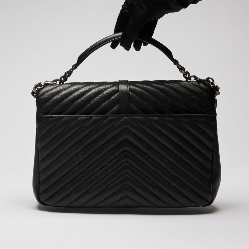 Pre-Loved Black Grained Leather Chevron Stitched Flap Bag with Removable Shoulder Chain and Handle. (back)