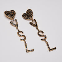 Saint Laurent Pendant Earrings with Crystal Heart and Logo Drop with Clip Closure