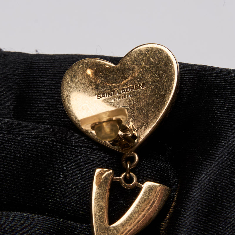 Saint Laurent Pendant Earrings with Crystal Heart and Logo Drop with Clip Closure