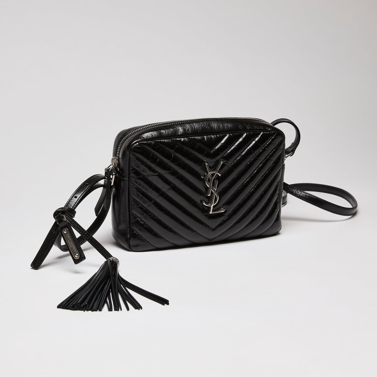 YSL Black Chevron Crossbody Camera Handbag