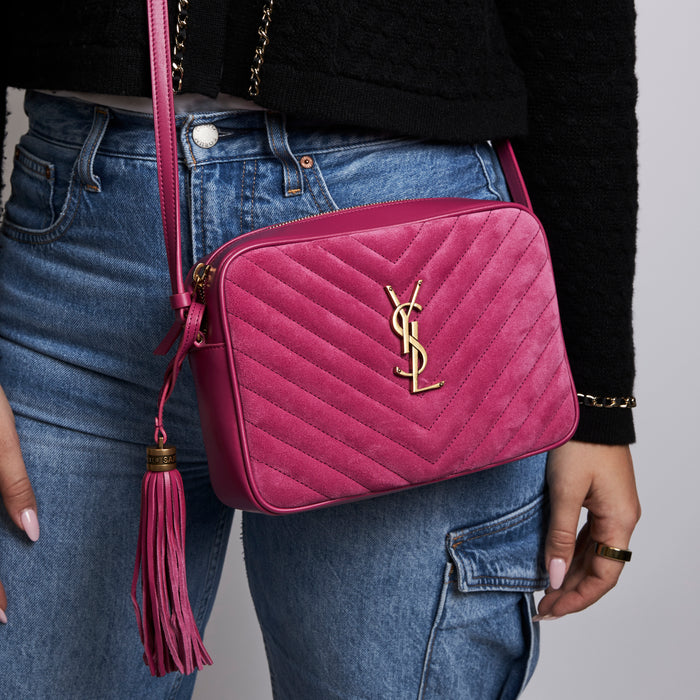 Excellent Pre-Loved Magenta Pink Suede and Leather Top Zip Crossbody Bag(on body)