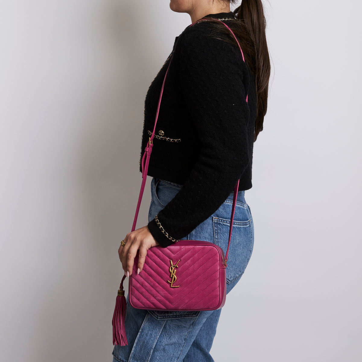 Excellent Pre-Loved Magenta Pink Suede and Leather Top Zip Crossbody Bag (on body)