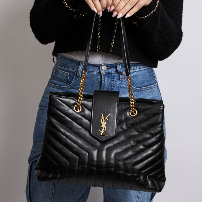 Pre-Loved Black Quilted Leather Large Tote Bag. (on body)