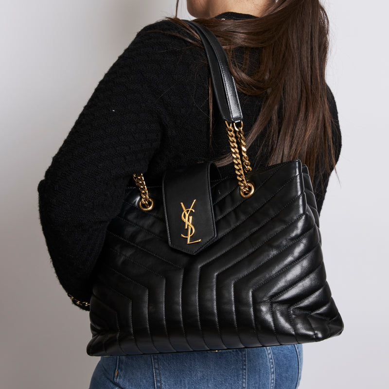 Pre-Loved Black Quilted Leather Large Tote Bag. (on body)