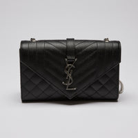 Excellent Pre-Loved Black Pebbled Leather Tri-Quilted Envelope Chain Bag.(front)