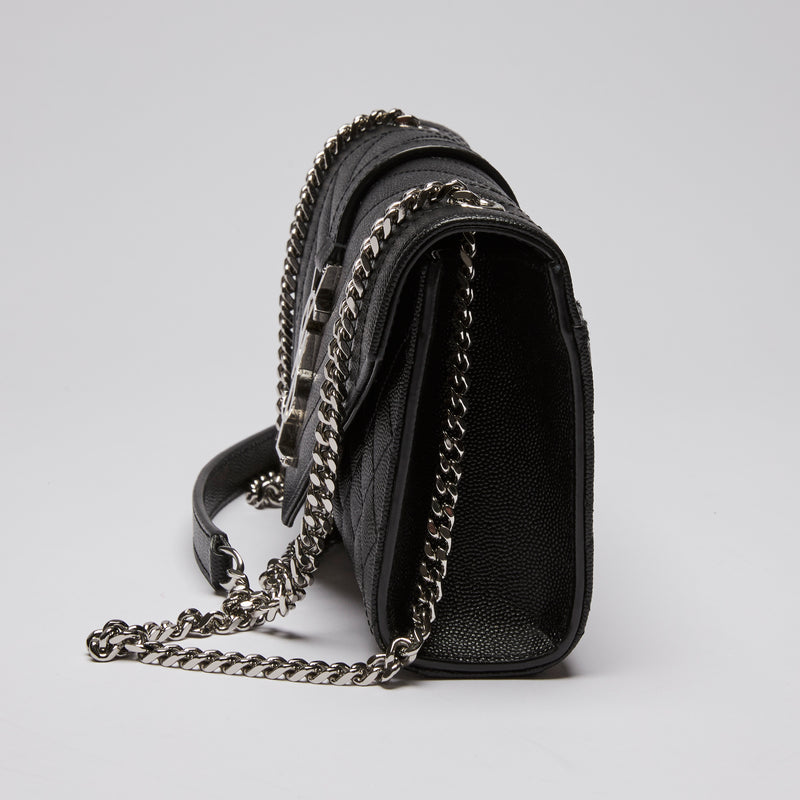 Excellent Pre-Loved Black Pebbled Leather Tri-Quilted Envelope Chain Bag. (side)