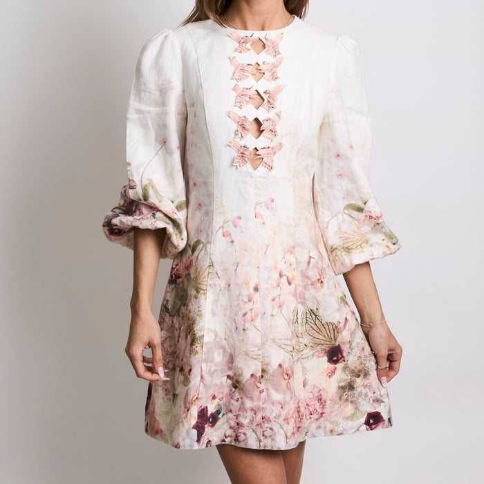 Zimmerman White Linen Floral Pattern Dress with Humming Bird Applique