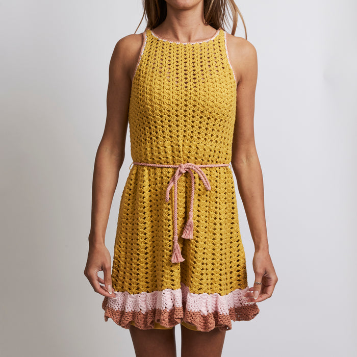 Excellent Pre-Loved Yellow Sleeveless Crochet Dress.(front)