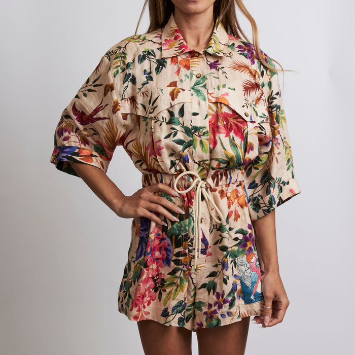 Excellent Pre-Loved Beige Linen Multicolor Floral Printed Jumpsuit.(front)