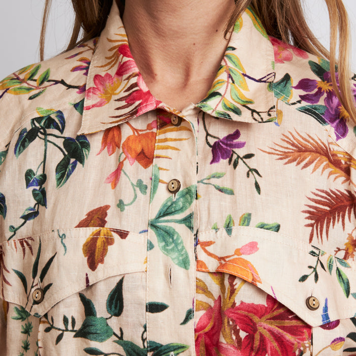Excellent Pre-Loved Beige Linen Multicolor Floral Printed Jumpsuit. (close up)