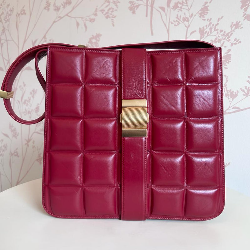 Burgundy Distressed Leather with Large Puff Waffle Patterned Vertical Tote Bag (front view)