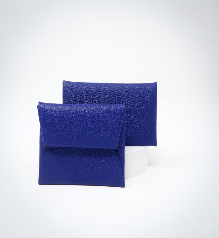 electric blue leather square coin pouch (front view)