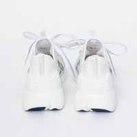 white fabric lace up sneakers with blue logo printed on side (back view)
