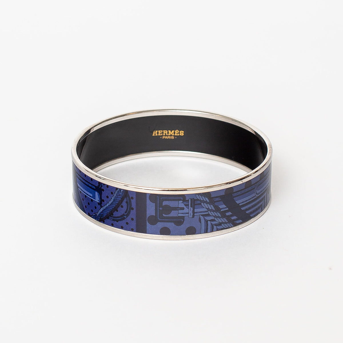 navy blue patterned enamel wide bangle with silver trim