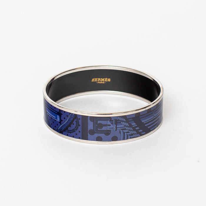 navy blue patterned enamel wide bangle with silver trim