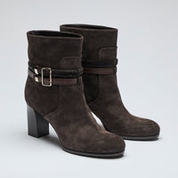 chocolate brown suede block heel ankle boots with double ankle strap (side view)