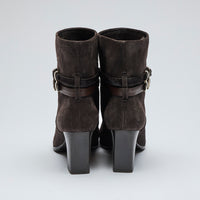 chocolate brown suede block heel ankle boots with double ankle strap (back view)