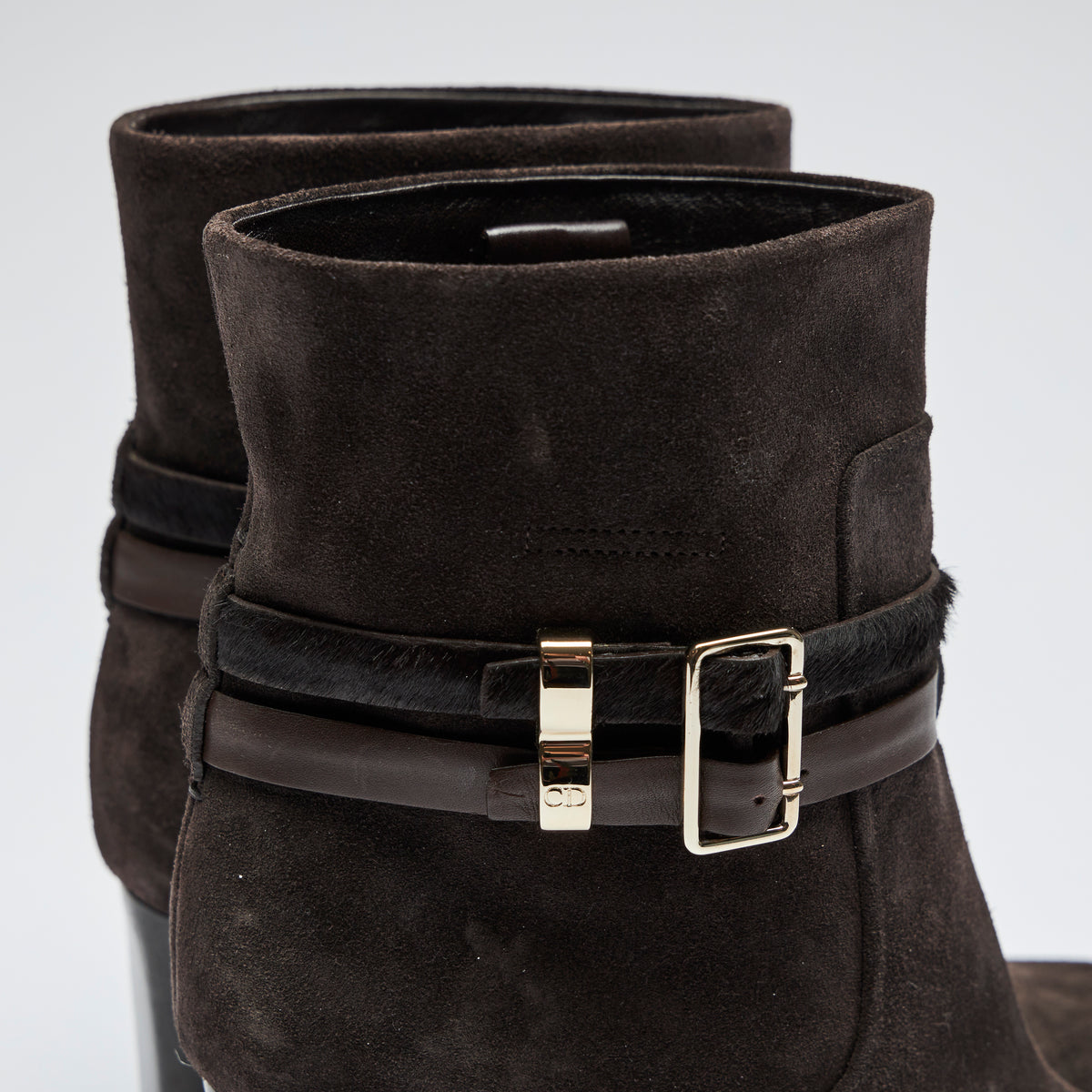 chocolate brown suede block heel ankle boots with double ankle strap (ankle strap detail view)