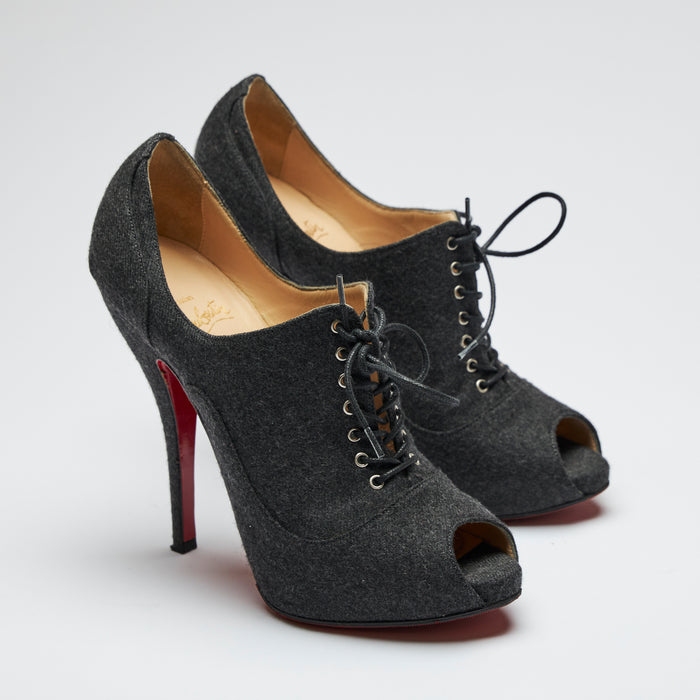 grey wool finish lace up peep toe heels (front-side view)