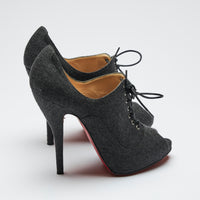 grey wool finish lace up peep toe heels  (side back view)