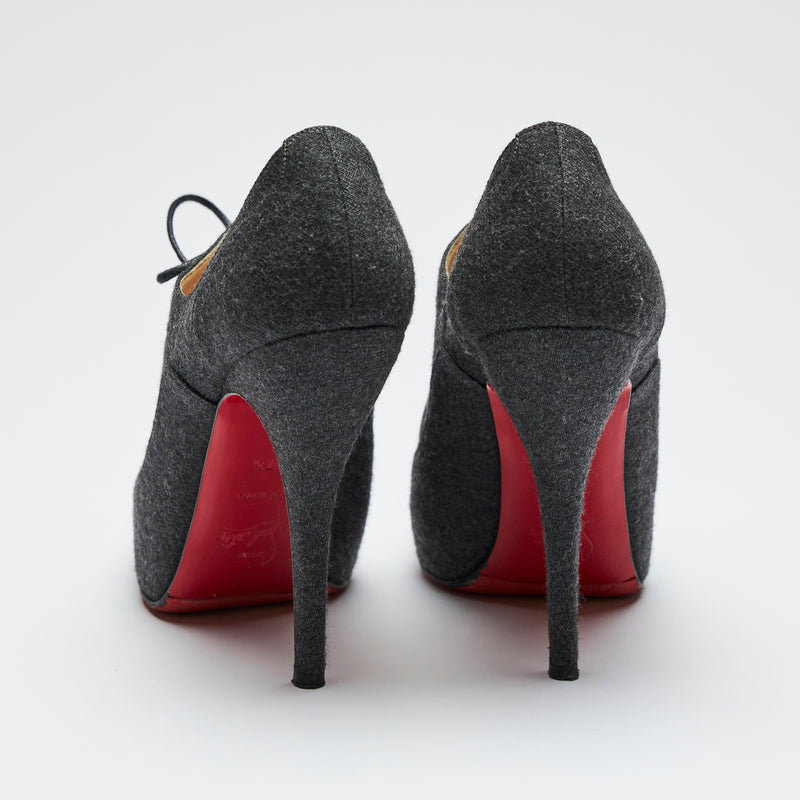 grey wool finish lace up peep toe heels (back view)