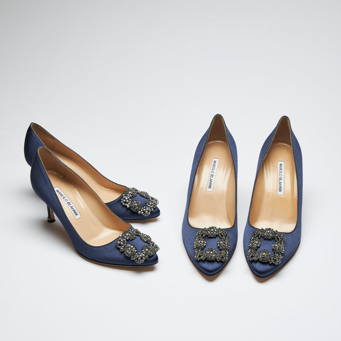 navy blue satin heels with dark grey crystal buckle ornament (size 35.5 on the left, size 39 on the right. front view)