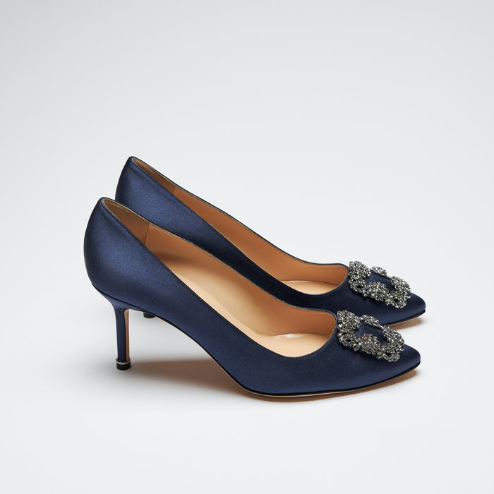 navy blue satin heels with dark grey crystal buckle ornament (side view)